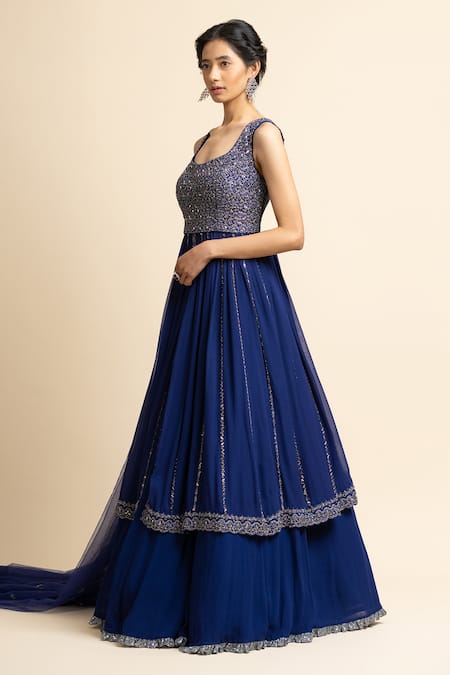 Nitika Gujral Blue Net, Tulle, Georgette Crystal, Sequin, Bead, Embroidered Kurta Lehenga Set Online at Aza Fashions Nitika Gujral_Blue Net, Tulle, Georgette Crystal, Sequin, Bead, Embroidered Kurta Lehenga Set _Online_at_Aza_Fashions