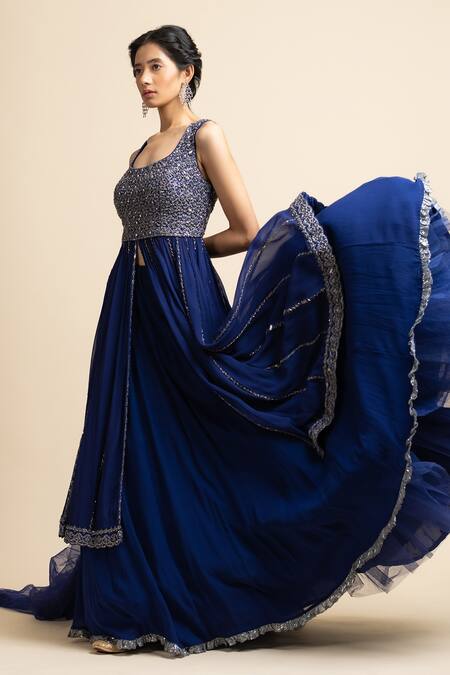Buy Nitika Gujral Blue Net, Tulle, Georgette Crystal, Sequin, Bead, Embroidered Kurta Lehenga Set Online at Aza Fashions Buy_Nitika Gujral_Blue Net, Tulle, Georgette Crystal, Sequin, Bead, Embroidered Kurta Lehenga Set _Online_at_Aza_Fashions