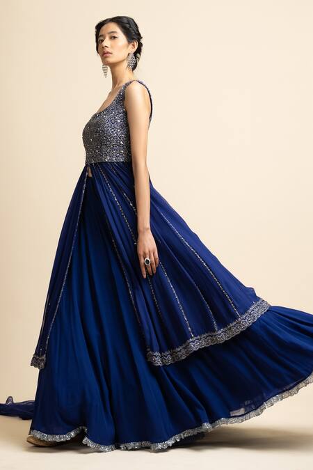 Shop Nitika Gujral Blue Net, Tulle, Georgette Crystal, Sequin, Bead, Embroidered Kurta Lehenga Set Online at Aza Fashions Shop_Nitika Gujral_Blue Net, Tulle, Georgette Crystal, Sequin, Bead, Embroidered Kurta Lehenga Set _Online_at_Aza_Fashions