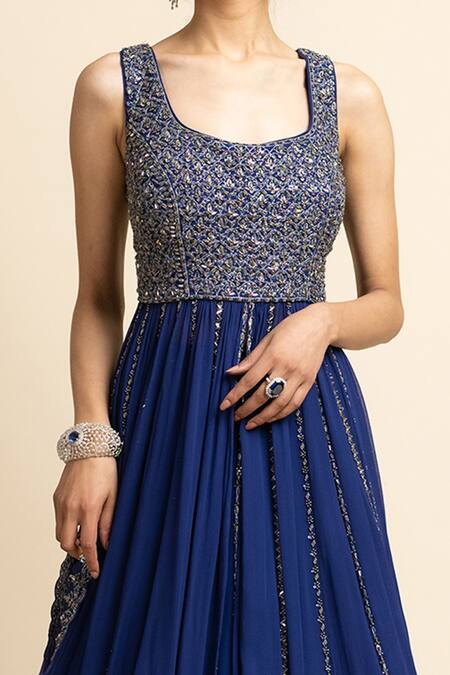 Nitika Gujral Blue Net, Tulle, Georgette Crystal, Sequin, Bead, Embroidered Kurta Lehenga Set at Aza Fashions Nitika Gujral_Blue Net, Tulle, Georgette Crystal, Sequin, Bead, Embroidered Kurta Lehenga Set _at_Aza_Fashions