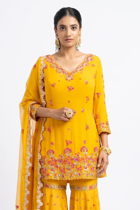 Shop_Nitika Gujral_Yellow Georgette Embroidered Zari V Neck Kurta Gharara Set _Online_at_Aza_Fashions