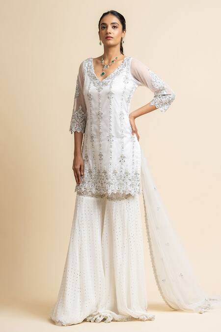 Buy_Nitika Gujral_White Georgette Embroidered Mukaish V Neck Kurta Gharara Set _Online_at_Aza_Fashions