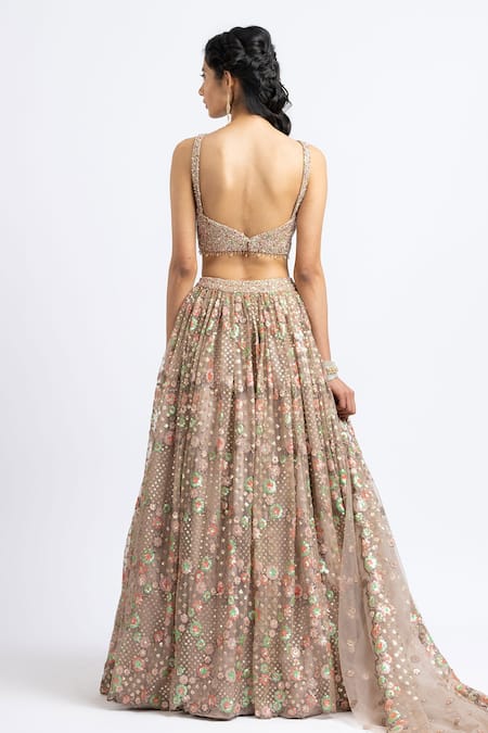 Shop Nitika Gujral Brown Tulle Embroidered Sequin V Neck Bridal Lehenga Set at Aza Fashions Shop_Nitika Gujral_Brown Tulle Embroidered Sequin V Neck Bridal Lehenga Set _at_Aza_Fashions