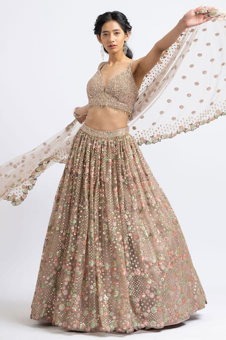 Nitika Gujral Brown Tulle Embroidered Sequin V Neck Bridal Lehenga Set Online at Aza Fashions Nitika Gujral_Brown Tulle Embroidered Sequin V Neck Bridal Lehenga Set _Online_at_Aza_Fashions