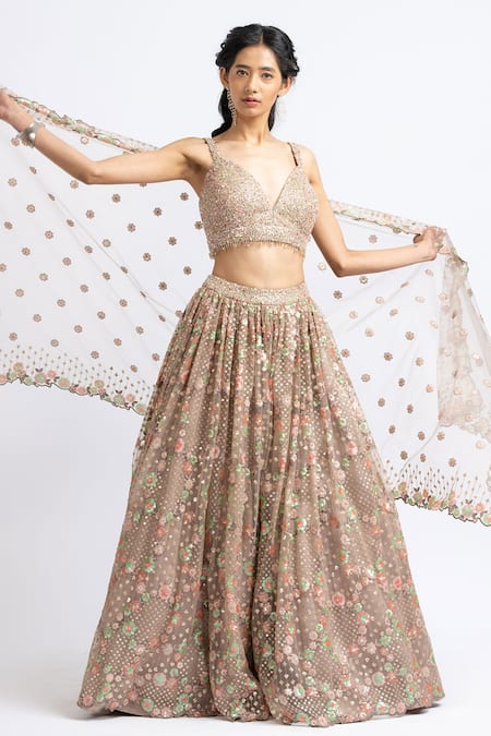 Buy Nitika Gujral Brown Tulle Embroidered Sequin V Neck Bridal Lehenga Set Online at Aza Fashions Buy_Nitika Gujral_Brown Tulle Embroidered Sequin V Neck Bridal Lehenga Set _Online_at_Aza_Fashions