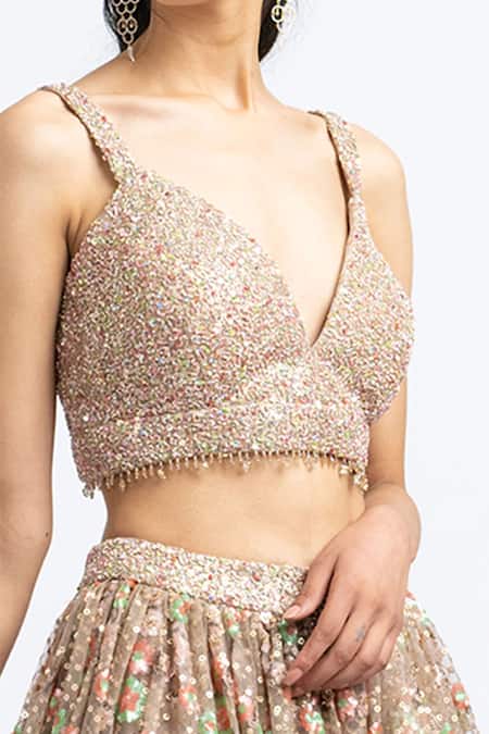 Shop Nitika Gujral Brown Tulle Embroidered Sequin V Neck Bridal Lehenga Set Online at Aza Fashions Shop_Nitika Gujral_Brown Tulle Embroidered Sequin V Neck Bridal Lehenga Set _Online_at_Aza_Fashions