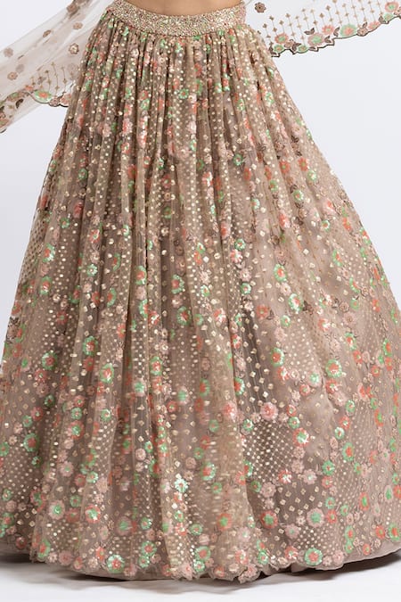 Nitika Gujral Brown Tulle Embroidered Sequin V Neck Bridal Lehenga Set at Aza Fashions Nitika Gujral_Brown Tulle Embroidered Sequin V Neck Bridal Lehenga Set _at_Aza_Fashions