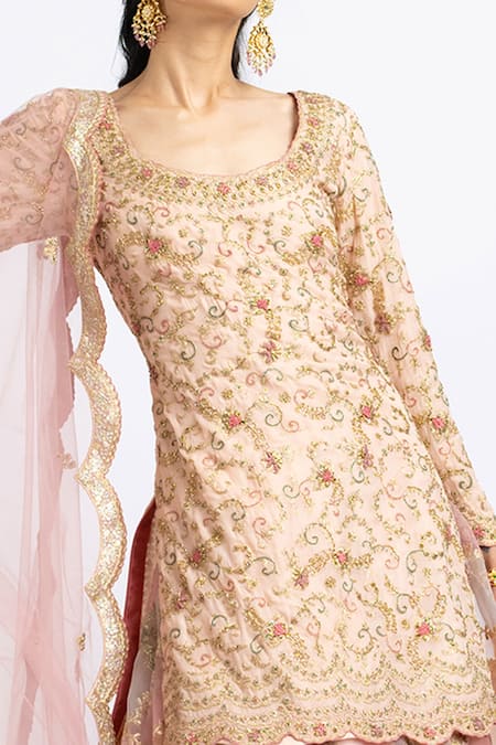 Shop_Nitika Gujral_Peach Organza, Georgette Floral Scoop Neck Embroidered Kurta Lehenga Set _Online_at_Aza_Fashions