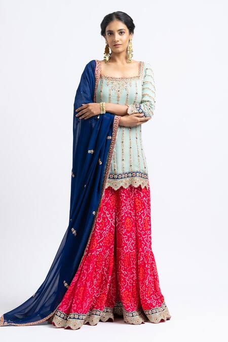 Nitika Gujral_Blue Georgette French Knots, Gota Square Floral Embroidered Kurta Sharara Set _Online_at_Aza_Fashions