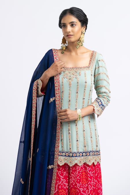 Shop_Nitika Gujral_Blue Georgette French Knots, Gota Square Floral Embroidered Kurta Sharara Set _Online_at_Aza_Fashions