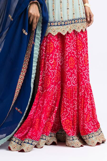 Nitika Gujral_Blue Georgette French Knots, Gota Square Floral Embroidered Kurta Sharara Set _at_Aza_Fashions