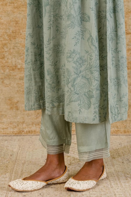 Shop_Devnaagri_Green Kota Printed Floral V Neck Kurta Palazzo Set _Online_at_Aza_Fashions