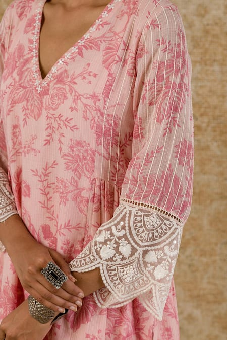 Devnaagri_Pink Organza, Shantoon, Kota Floral V Neck Print Kurta Palazzo Set _at_Aza_Fashions