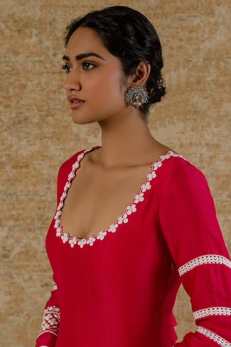 Shop_Devnaagri_Pink Chanderi, Shantoon And Organza Floral Scoop Neck Anarkali Palazzo Set _at_Aza_Fashions