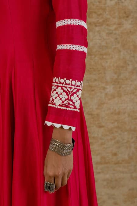 Devnaagri_Pink Chanderi, Shantoon And Organza Floral Scoop Neck Anarkali Palazzo Set _Online_at_Aza_Fashions