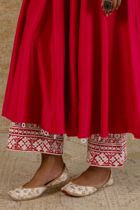 Buy_Devnaagri_Pink Chanderi, Shantoon And Organza Floral Scoop Neck Anarkali Palazzo Set _Online_at_Aza_Fashions