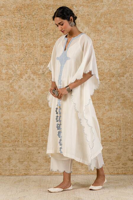 Devnaagri_White Chanderi, Shantoon Floral Notched Kaftan And Palazzo Set _Online_at_Aza_Fashions