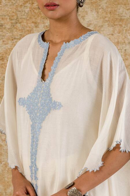 Shop_Devnaagri_White Chanderi, Shantoon Floral Notched Kaftan And Palazzo Set _Online_at_Aza_Fashions