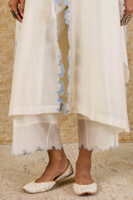 Devnaagri_White Chanderi, Shantoon Floral Notched Kaftan And Palazzo Set _at_Aza_Fashions