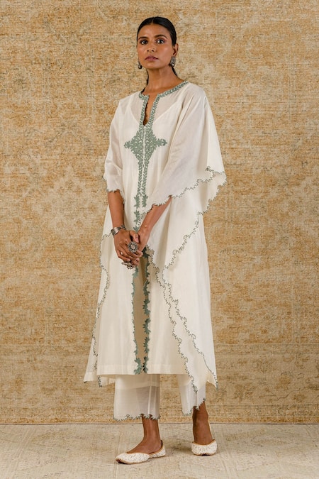 Devnaagri_White Chanderi, Shantoon Floral Notched Kaftan And Palazzo Set _Online_at_Aza_Fashions