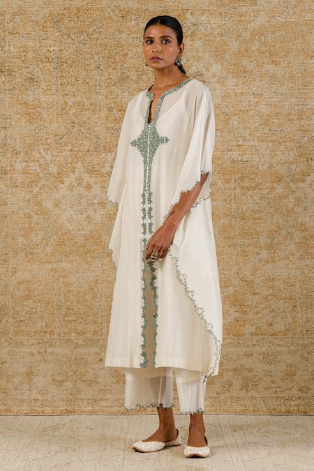 Buy_Devnaagri_White Chanderi, Shantoon Floral Notched Kaftan And Palazzo Set _Online_at_Aza_Fashions