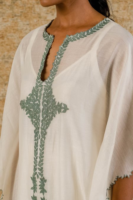Shop_Devnaagri_White Chanderi, Shantoon Floral Notched Kaftan And Palazzo Set _Online_at_Aza_Fashions