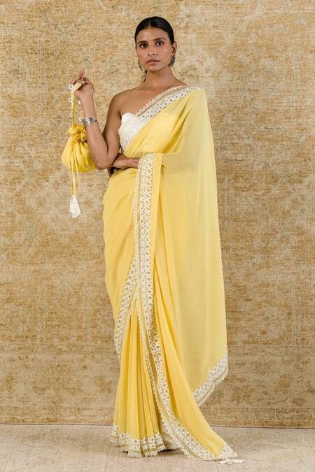 Shop_Devnaagri_Yellow Georgette, Organza And Gajji Floral Sweetheart Scallop Saree With Corset _Online_at_Aza_Fashions