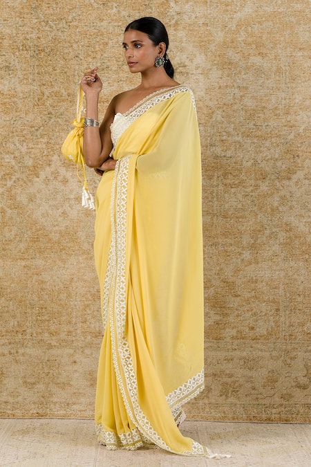 Buy_Devnaagri_Yellow Georgette, Organza And Gajji Floral Sweetheart Scallop Saree With Corset _Online_at_Aza_Fashions