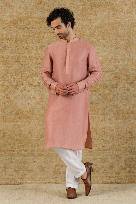 Devnaagri Pink Cotton Silk Blend Plain Full Sleeve Kurta Set 