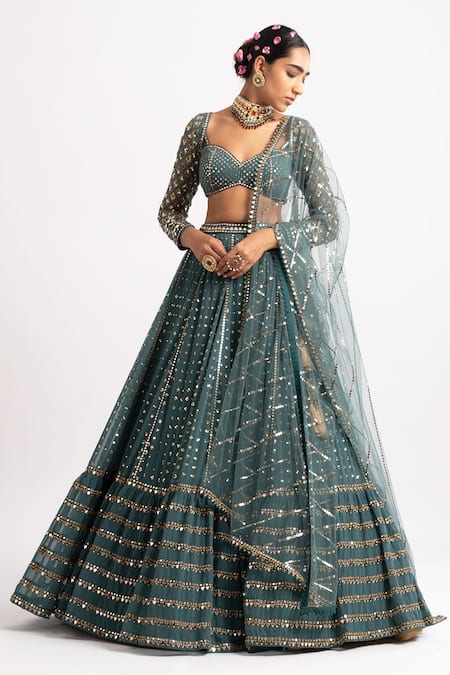 Vvani By Vani Vats Green Lehenga And Blouse Georgette Dupatta Net Lining Single Tiered Set Online at Aza Fashions Vvani By Vani Vats_Green Lehenga And Blouse Georgette Dupatta Net Lining Single Tiered Set _Online_at_Aza_Fashions