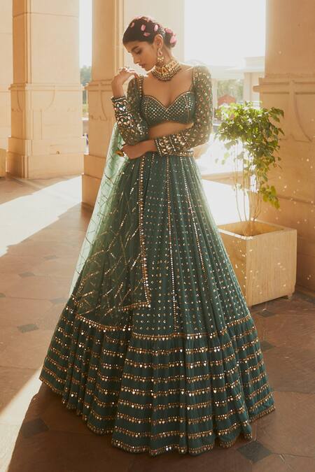 Buy Vvani By Vani Vats Green Lehenga And Blouse Georgette Dupatta Net Lining Single Tiered Set Online at Aza Fashions Buy_Vvani By Vani Vats_Green Lehenga And Blouse Georgette Dupatta Net Lining Single Tiered Set _Online_at_Aza_Fashions