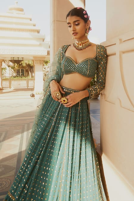 Shop Vvani By Vani Vats Green Lehenga And Blouse Georgette Dupatta Net Lining Single Tiered Set Online at Aza Fashions Shop_Vvani By Vani Vats_Green Lehenga And Blouse Georgette Dupatta Net Lining Single Tiered Set _Online_at_Aza_Fashions