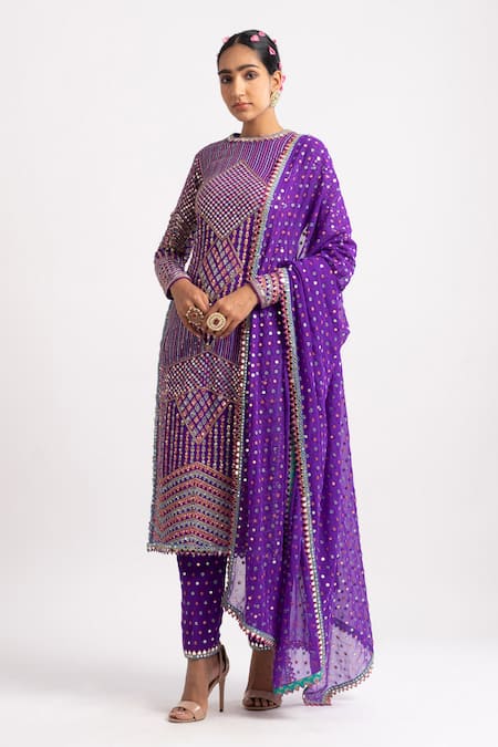 Vvani By Vani Vats Purple Georgette Lining Silk Blend Geometric Motif Embroidered Kurta Set Online at Aza Fashions Vvani By Vani Vats_Purple Georgette Lining Silk Blend Geometric Motif Embroidered Kurta Set _Online_at_Aza_Fashions