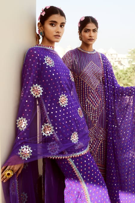 Buy Vvani By Vani Vats Purple Georgette Lining Silk Blend Geometric Motif Embroidered Kurta Set Online at Aza Fashions Buy_Vvani By Vani Vats_Purple Georgette Lining Silk Blend Geometric Motif Embroidered Kurta Set _Online_at_Aza_Fashions