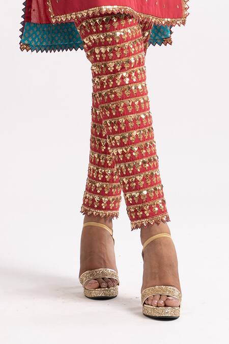 Shop_Vvani By Vani Vats_Pink Georgette Lining Cotton Sequins V Neck Embroidered Kurta And Pant Set _Online_at_Aza_Fashions