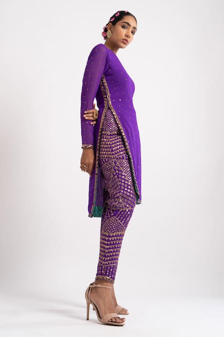 Buy_Vvani By Vani Vats_Purple Georgette Lining Cotton Sequins Round High-low Hem Kurta And Pant Set _Online_at_Aza_Fashions