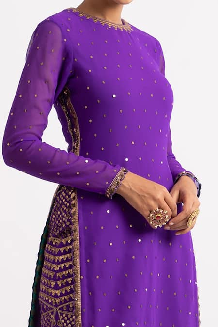 Shop_Vvani By Vani Vats_Purple Georgette Lining Cotton Sequins Round High-low Hem Kurta And Pant Set _Online_at_Aza_Fashions