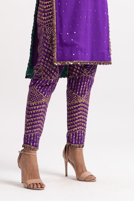 Vvani By Vani Vats_Purple Georgette Lining Cotton Sequins Round High-low Hem Kurta And Pant Set _at_Aza_Fashions