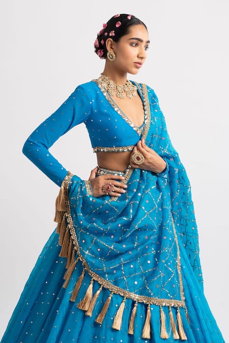 Shop Vvani By Vani Vats Blue Lehenga And Dupatta Organza Blouse Georgette Lining Embroidered Set Online at Aza Fashions Shop_Vvani By Vani Vats_Blue Lehenga And Dupatta Organza Blouse Georgette Lining Embroidered Set _Online_at_Aza_Fashions