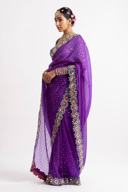 Vvani By Vani Vats_Purple Blouse Georgette Saree Organza Mirror, Sequins With Embroidered _Online_at_Aza_Fashions