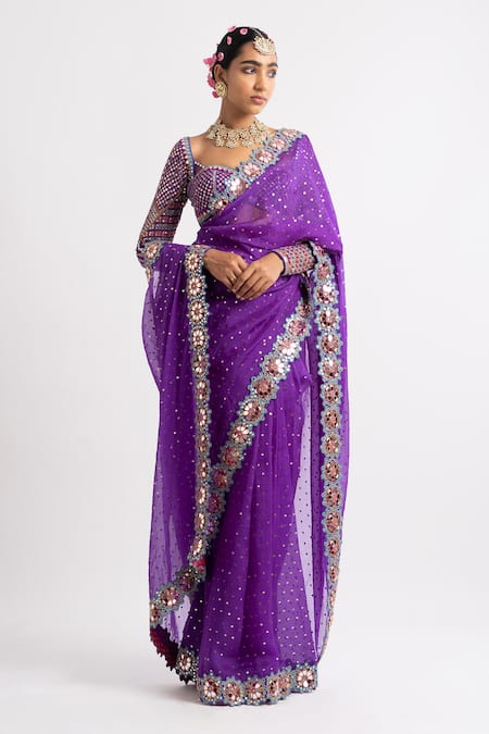 Shop_Vvani By Vani Vats_Purple Blouse Georgette Saree Organza Mirror, Sequins With Embroidered _Online_at_Aza_Fashions