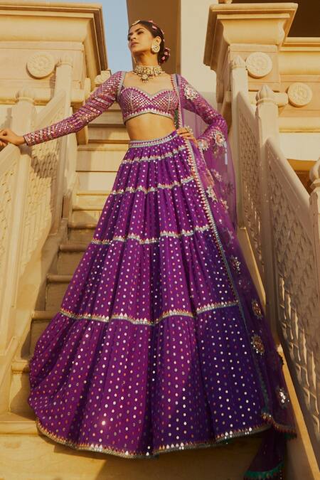 Buy_Vvani By Vani Vats_Purple Lehenga And Blouse Georgette Dupatta  Net Multi Tiered Embroidered Set _Online_at_Aza_Fashions
