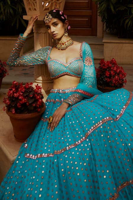 Vvani By Vani Vats Green Lehenga And Blouse Georgette Dupatta Net Tiered Embroidered Set Online at Aza Fashions Vvani By Vani Vats_Green Lehenga And Blouse Georgette Dupatta Net Tiered Embroidered Set _Online_at_Aza_Fashions