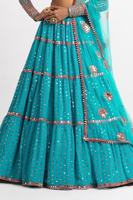 Vvani By Vani Vats Green Lehenga And Blouse Georgette Dupatta Net Tiered Embroidered Set at Aza Fashions Vvani By Vani Vats_Green Lehenga And Blouse Georgette Dupatta Net Tiered Embroidered Set _at_Aza_Fashions