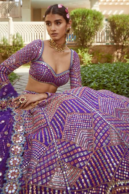 Buy_Vvani By Vani Vats_Purple Lehenga And Blouse Georgette Dupatta Net Lining Embroidered Bridal Set _Online_at_Aza_Fashions