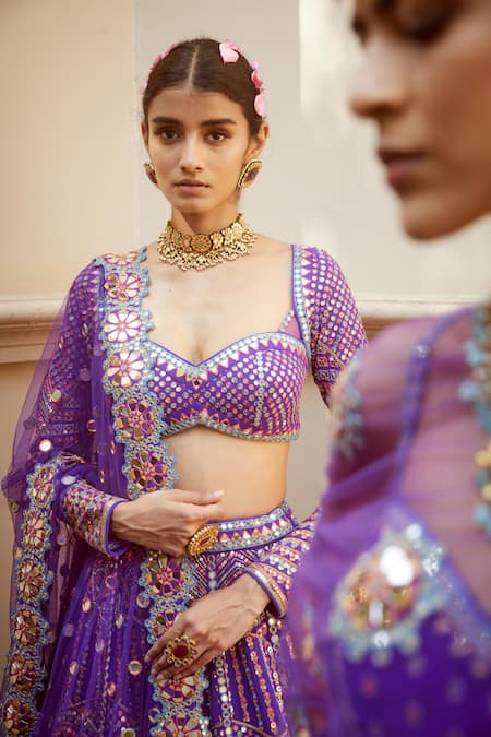 Shop_Vvani By Vani Vats_Purple Lehenga And Blouse Georgette Dupatta Net Lining Embroidered Bridal Set _Online_at_Aza_Fashions