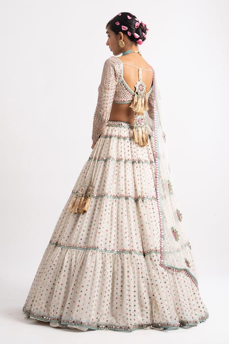 Vvani By Vani Vats_White Lehenga And Blouse Georgette Dupatta Multi Tiered Embroidered Bridal Set _Online_at_Aza_Fashions