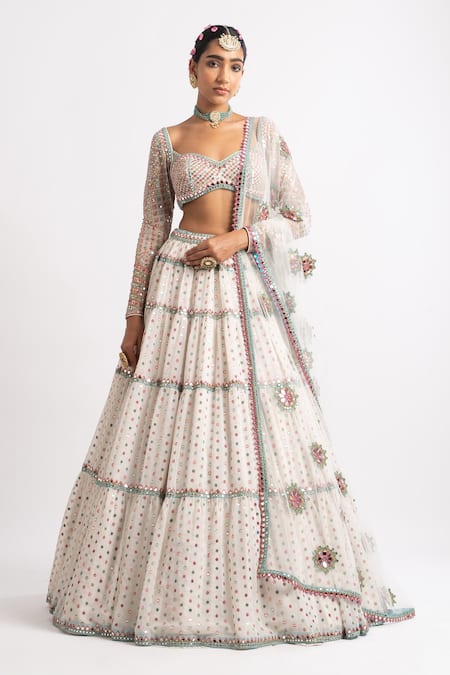 Buy_Vvani By Vani Vats_White Lehenga And Blouse Georgette Dupatta Multi Tiered Embroidered Bridal Set _Online_at_Aza_Fashions