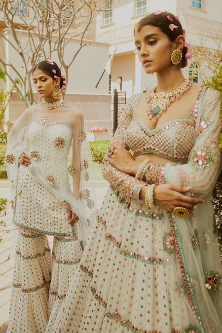 Shop_Vvani By Vani Vats_White Lehenga And Blouse Georgette Dupatta Multi Tiered Embroidered Bridal Set _Online_at_Aza_Fashions