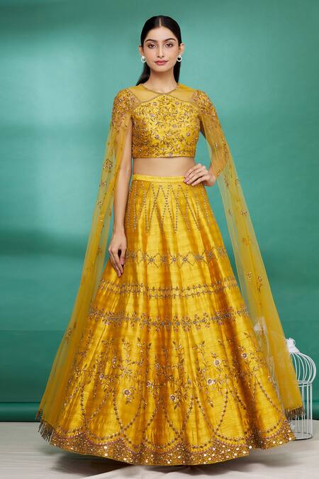 Irrau By Samir Mantri_Yellow Raw Silk Glass Beads, Pearl Work, Sequins High Draped Choli And Lehenga Set_Online_at_Aza_Fashions
